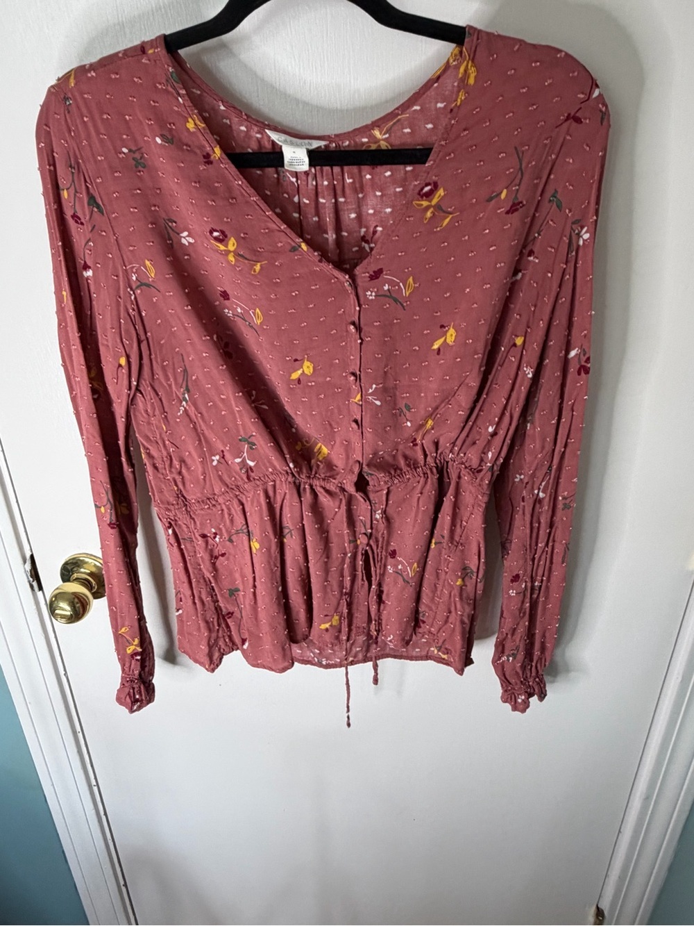 Caslon Mauve Floral V-Neck Drawstring Peplum Top
